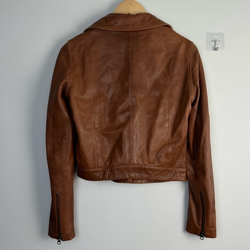 ABLE Maha Soft Lamb Leather Jacket XS in Whiskey Brown Cropped Moto Zipper Cuffs - Picture 12 of 16